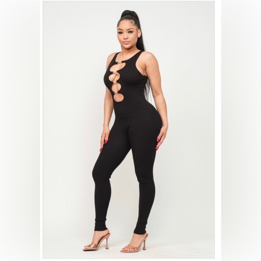 : BUCKLE ME UP SLEEVELESS JUMPSUIT - 70% RAYON 30% NYLON
